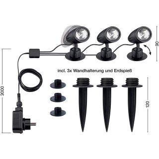 Gartenstrahler mit 3 Spots warm-weiß